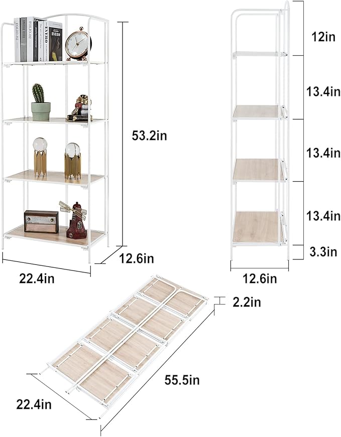 Crofy No Assembly Folding Bookshelf for Living Room, 4 Tier White Collapsible Book Shelf for Home Office, Portable Bookcase Storage Organizer