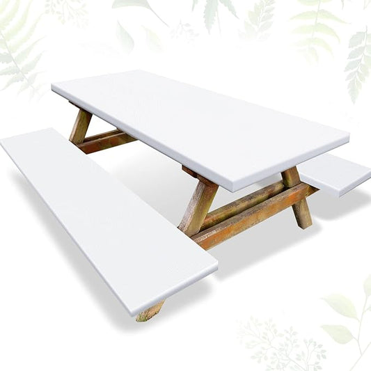 3 Pcs Picnic Table and Bench Fitted Tablecloth Cover for 6 Ft Table 30 x 72 Inch Vinyl Fitted Elastic Edges Waterproof Wipeable Tablecloth for Indoor Outdoor Travel Picnics Patio Camping (White)