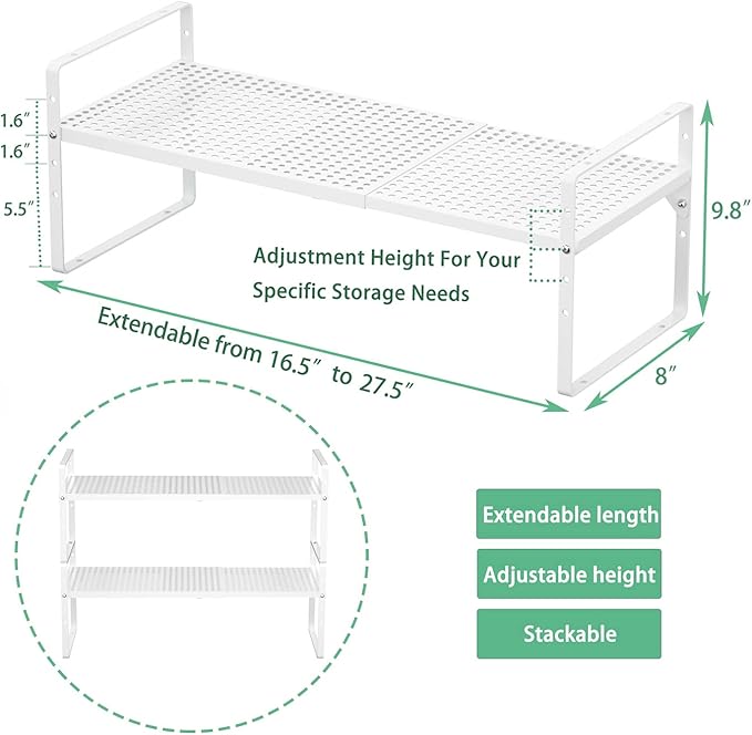 Redrubbit Expandable Cabinet Storage Shelf, Adjustable Height Steel Metal Kitchen Counter Organizers Shelves Spice Rack for Kitchen Pantry Bathroom Cupboard Desk Home Office, White-3 Pack