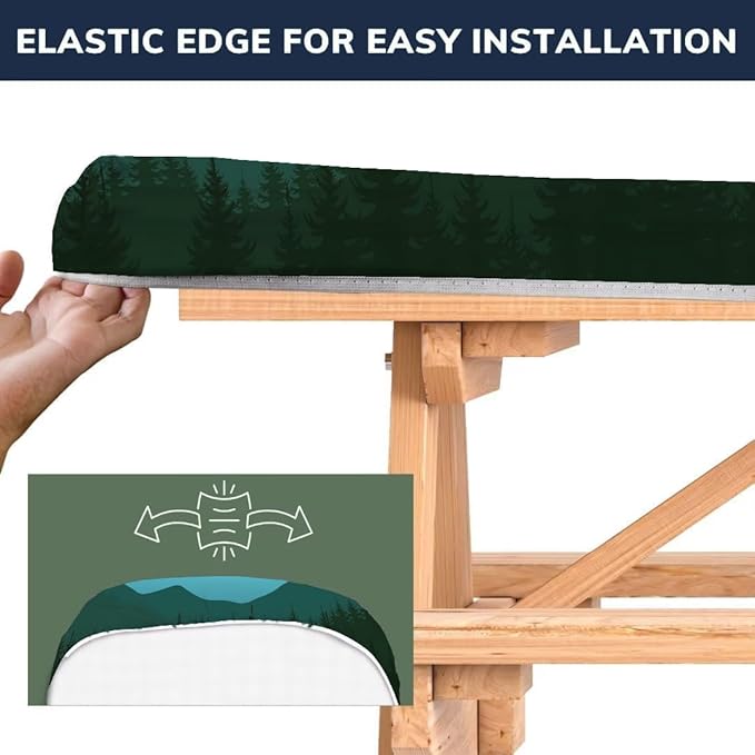 CAPSCEOLL Fitted Picnic Table Cover with Bench Covers with Elastic 8ft Waterproof Windproof Picnic Table Cloths Outdoor Camping Tablecloth with Drawstring Bag, 96X30In, Green Mountain