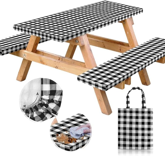 RNOONY Vinyl Fitted Picnic Table Cover with Bench Covers and Bag, 6ft Outdoor Waterproof Windproof Tablecloth with Elastic Edges. Camping RV Gear Campers Must Have 72x30 Inches 4 Pcs Set (Black)