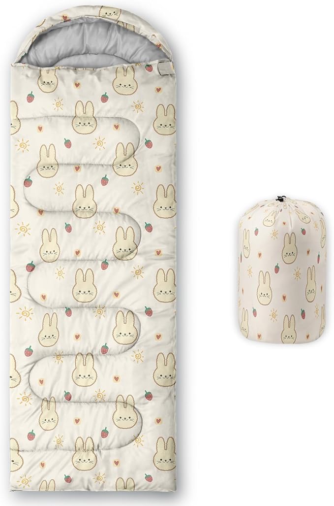 AILONEN Pink Lovely Rabbit Sleeping Bag for Girls Kids Adults,Warm and Cool Weather,Lightweight,Waterproof Backpacking,Cartoon Flowers Printed Bunny Sleeping Bag for Camping