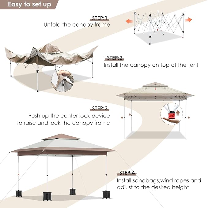 TLSUNNY 12X12 Pop Up Canopy Tent, Camping Shader W/Overhanging Eaves & Sand Bag, Outdoor Gazebo Shelter W/One Push Setup & Wheeled Bag, Height Adjustable, for Patio, Market, Party (Khaki, 12FTX12FT)