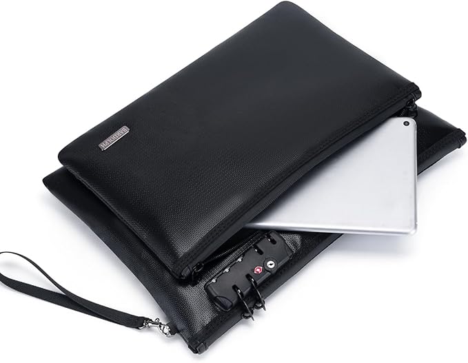 Fireproof Document Bag, Fireproof Money Bag with Lock and Zipper for Cash, FireproofBag Money Pouch, Fire Safe CashBag BankerBag, Notary Supplies (black, Large)