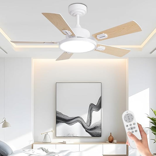 42" Ceiling Fans with Lights Remote Control, White Ceiling Fan with Dimmable LED Light 3CCT, 6 Speeds Reversible Wood Ceiling Fan Light for Bedroom, Farmhouse, Garage, Indoor Use