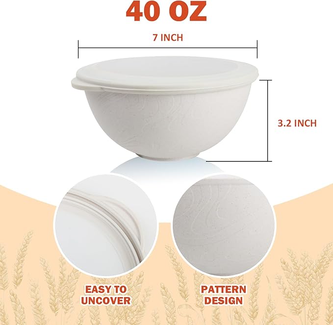 alternative plastic bowl set with lids,unbreakable wheat straw bowls 40oz suitable for indoors and outdoors,overnight foods container with cover. White