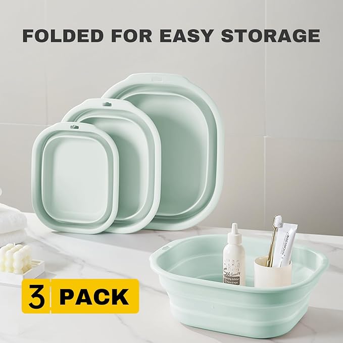 Collapsible Wash Basin Set of 3, Foldable Large Medium Small Wash Basins, Portable Plastic Basins for Laundry, Bottles, Travel, Camping (Green)
