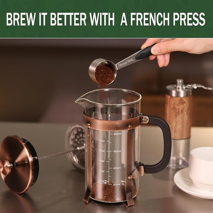 French Press Coffee Maker - 21 Ounce / 600ML, Stainless Steel & Heat-Resistant Borosilicate Glass - Ideal for Cold Brew, Espresso, 4-Filter System