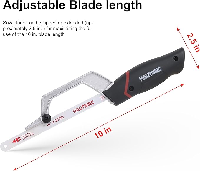 HAUTMEC Mini Hacksaw, 10" Compact Hacksaw with Cutting Guide Design, Tool-Free Blade Change, Compatible with 10"/12" Blades, Lightweight Hack Saw for Metal, PVC & Wood Cutting – HT0427