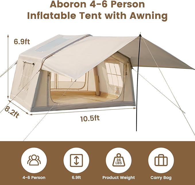 ABORON 2/6/8 Person Inflatable Camping Tent, Easy Setup Blow Up Tent with Hand Pump, PU3000mm Waterproof & Breathable 4 Season Glamping Tent for Outdoor Camping