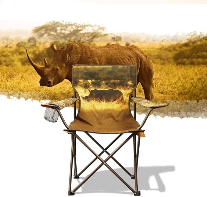 2 Pcs Animal Pattern Camping Chair,Folding Backpacking Lightweight Beach Chair w/Cup Holder,Side Pocket,Carry Bag,Portable Adults Lawn Chair for Family Outdoor,Hiking,Parties,Rhinoceros
