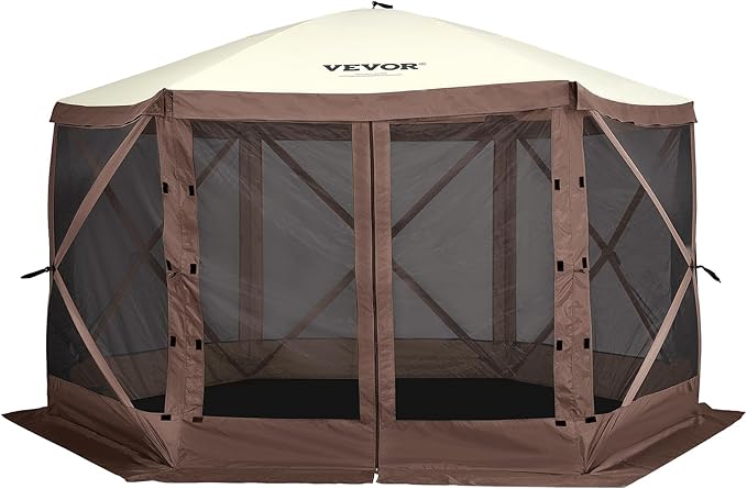 VEVOR Pop Up Gazebo Screen Tent 6 Sided Canopy Sun Shelter with 6 Removable Privacy Wind Cloths & Mesh Windows, 11.5x11.5FT Quick Set Screen Tent with Mosquito Netting, Brown