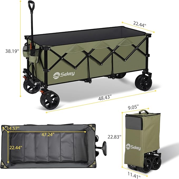 Sekey 48''L Collapsible Foldable Extended Wagon with 440lbs Weight Capacity, Heavy Duty 300L Folding Utility Garden Cart with Big All-Terrain Beach Wheels & Drink Holders. Khaki
