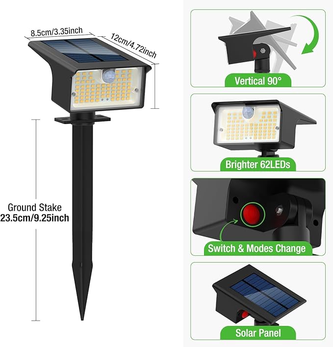 nipify Solar Spot Light, 6 Pack/62 LED, Motion Sensor, Warm White, Waterproof, for Outdoor Yard Pathway