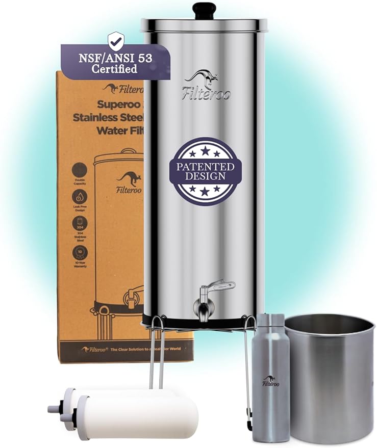 Countertop Gravity Water Filter System - 3.17 Gal/12L | 304 Stainless Steel | Gravity-Fed Water Purifier with 2 Fluoride & Chlorine Reduction Ceramic Cartridges | Also Removes Bacteria & Heavy Metals