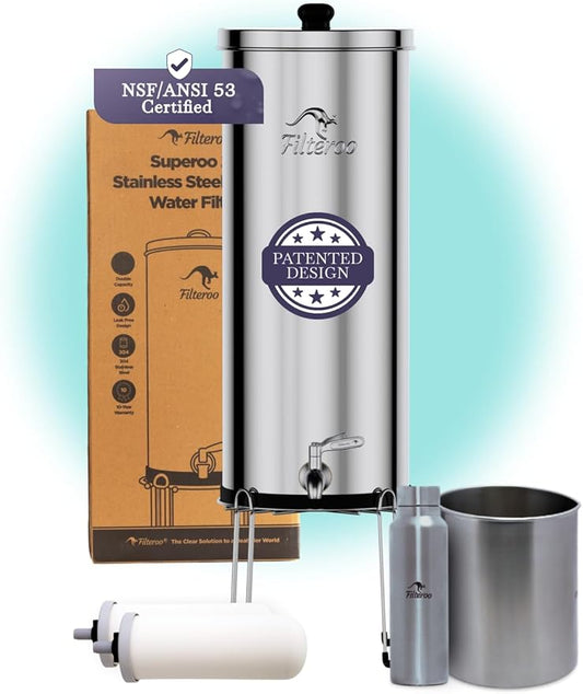 Countertop Gravity Water Filter System - 3.17 Gal/12L | 304 Stainless Steel | Gravity-Fed Water Purifier with 2 Fluoride & Chlorine Reduction Ceramic Cartridges | Also Removes Bacteria & Heavy Metals
