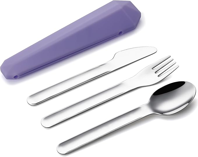 DEVICO Travel Utensils with Case, Reusable Camping Silverware Cutlery, 18/8 Stainless Steel Portable Fork Spoon Knife Set for Lunch Picnic School Workplace (Purple)