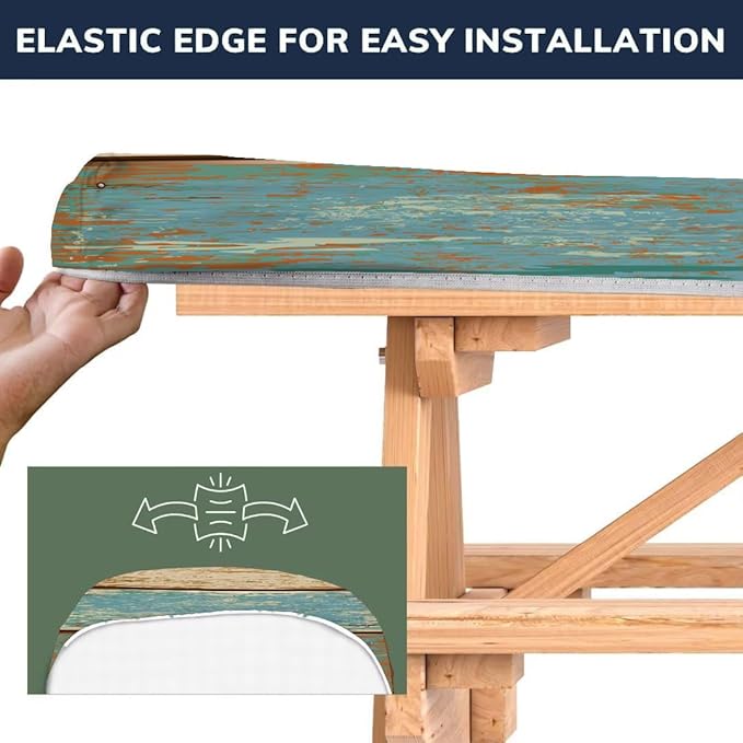 CAPSCEOLL Picnic Table Cover with Bench Covers 8Ft Waterproof Camping Tablecloth All-Weather Outdoor Table Protector with Drawstring Bag for Camping Essentials, 96X30In, Blue Brown Wood