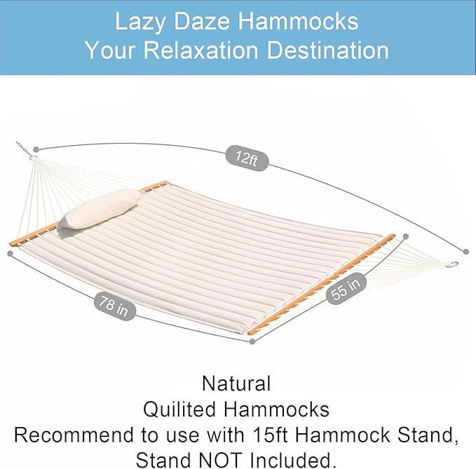 Lazy Daze Hammocks 12 FT Double Quilted Fabric Hammock with Spreader Bars and Detachable Pillow, 2 Person Hammock for Outdoor Patio Backyard Poolside, 450 LBS Weight Capacity, Natural