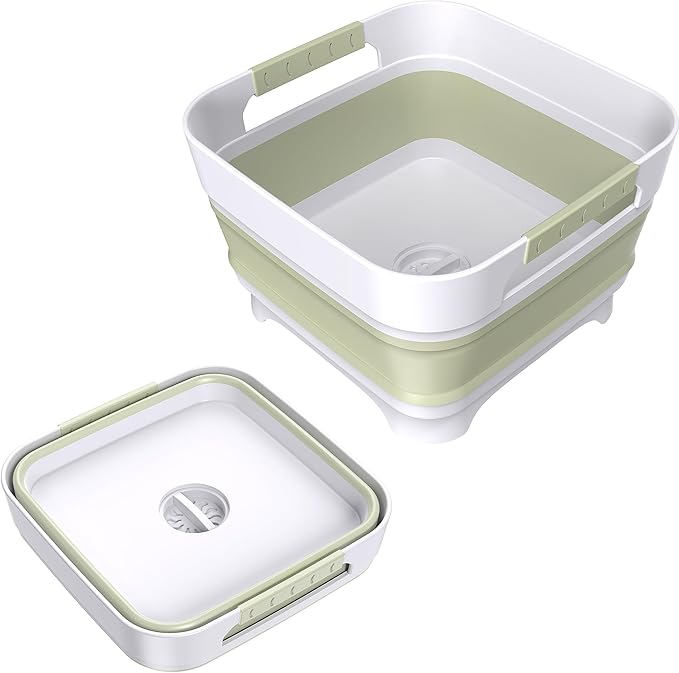 Collapsible Dish Basin, 9L Capacity, Portable Sink for Kitchen, Camping, RV, Gray (Green)