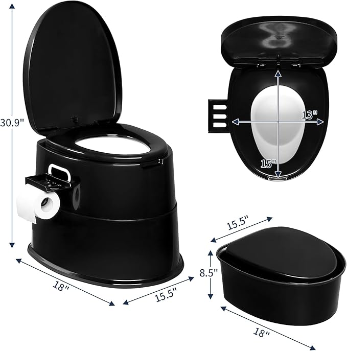 VINGLI Portable Toilet | Indoor Outdoor Commode w/Detachable Inner Bucket & Removable Paper Holder, Lightweight & Compact for Camping, Boat, Van, Emergency Use (Black)