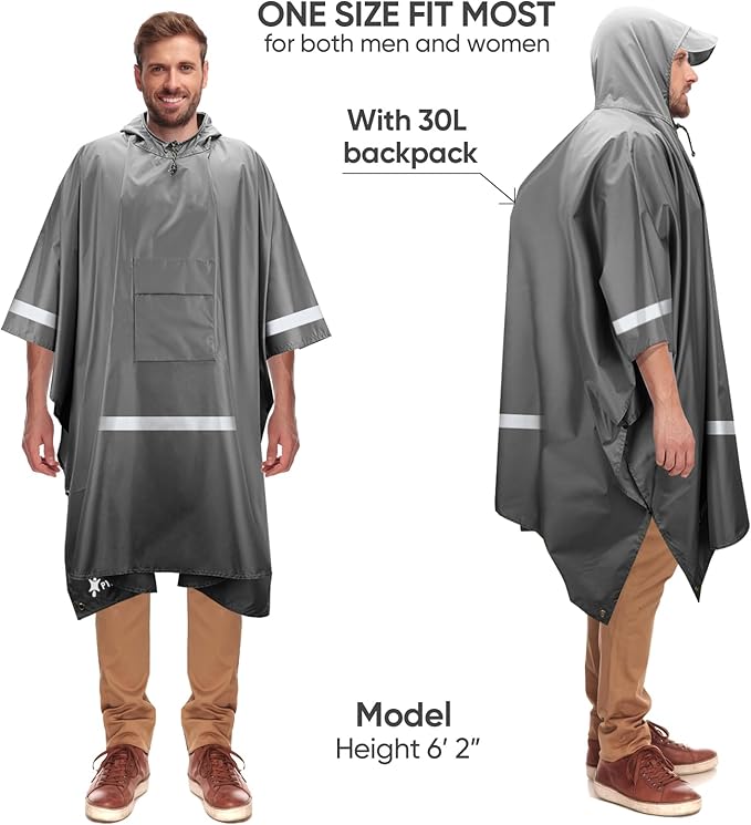 PTEROMY Hooded Rain Poncho for Adult with Pocket, Waterproof Lightweight Unisex Raincoat for Hiking Camping Emergency