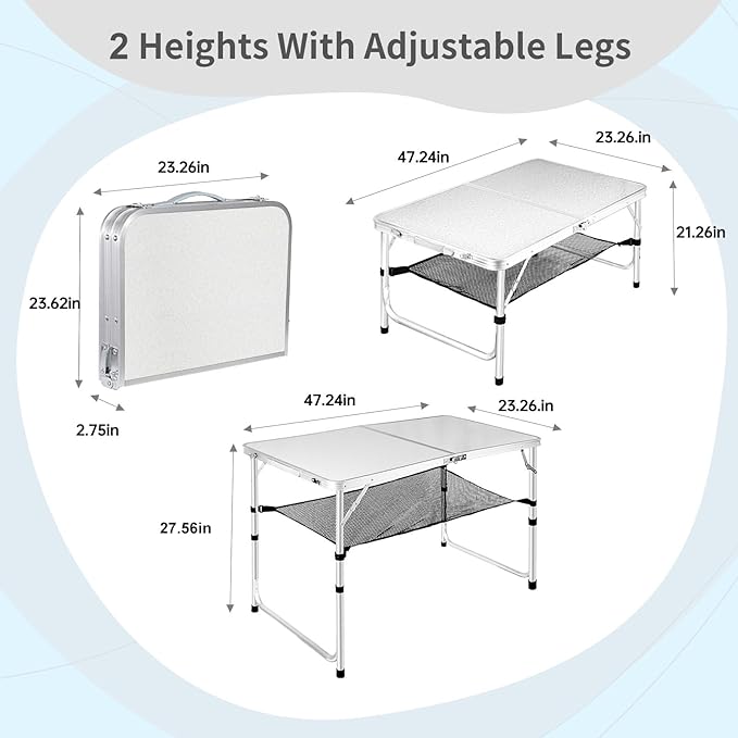 Adjustable Height Portable Camping Table - 4ft Folding Beach Table with Net Mesh, White Metal for Patio BBQ, Backpacking