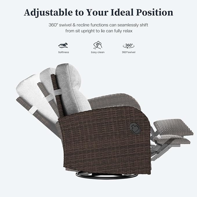 Outdoor Wicker Recliner Chair Set of 2 High Back Patio 360°Swivel Reclining Lounge Chair with 6-Inch Thick Cushion