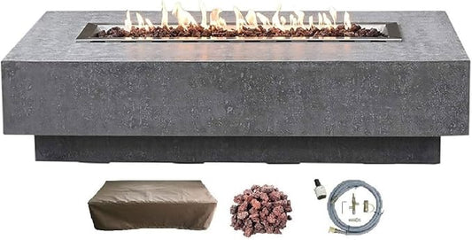 Elementi | Hampton Gas Fire Pit Cast Concrete 56" Rectangular Fire Table, Outdoor Fire Pit Electronic Ignition | Canvas Cover, Lava Rock Included | Light Gray (Natural Gas)