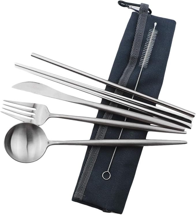 Gugrida Reusable Travel Utensils, 7 Pieces Portable 18/10 Stainless Steel include Knife Fork Spoon Chopsticks Cleaning Brush Straws Portable Pouch, Eco-friendly Camping Silverware Set, Dishwasher Safe