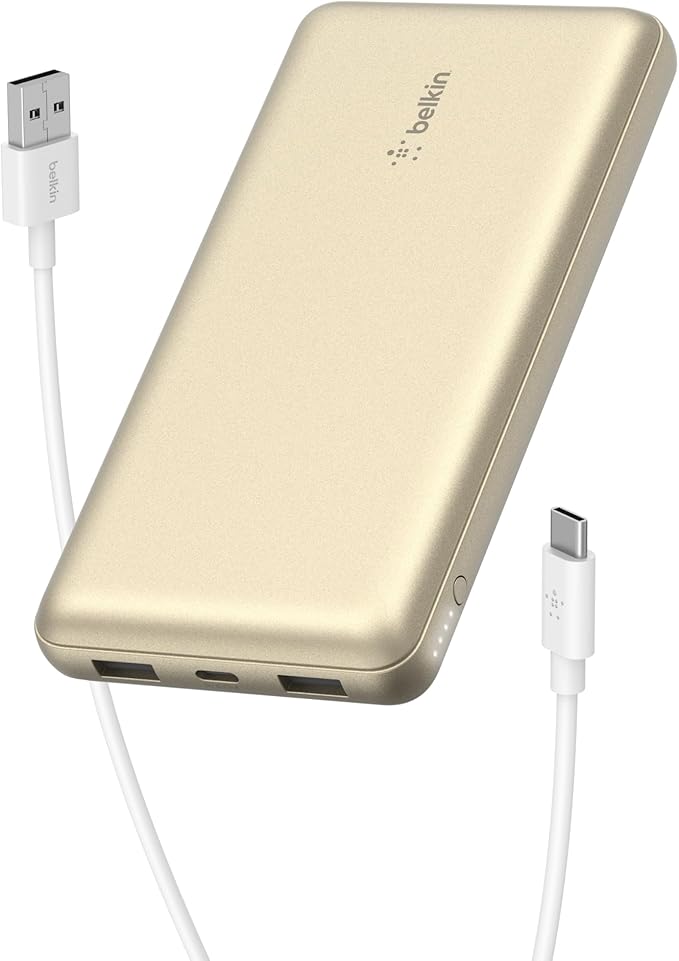 Belkin Portable Charger, USB-C Power Bank 20000 mAh w/ 2xUSB-A Ports, 15W w/Type-C to Type-A Cable for iPhone 17, Air, Samsung Galaxy S25, Pixel, iPad, Nintendo Switch 2, Google Pixel 10, etc. - Gold