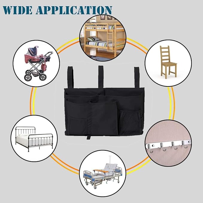 Bedside Storage Caddy, Hanging Storage Organizer Bag with 8 Pockets for Bunk Dorm Rooms, Hospital Bed Rails, Baby Bed, Camp (Black)