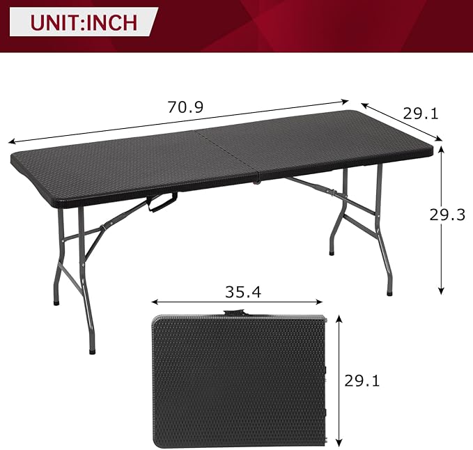 PayLessHere Folding Tables Plastic 6ft Folding Table Half Portable Foldable Table for for Parties Wedding BBQ Camping,Garden, Party, Black Ratten 6FT