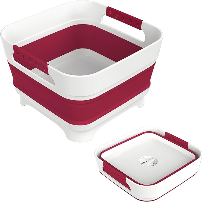 2.4 Gal Collapsbile Wash Basin with Drian Plug,9L Dish Pan for Soaking Baby Bottles,Portable Sink, Multiuse Foldable Bucket,Ice Beverage Tubs for Camping, Vegetable Washing, RV (Viva Magenta)