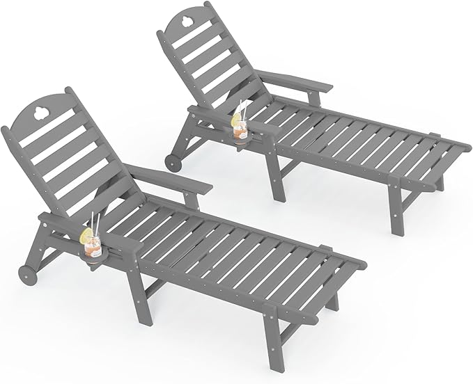 Oversized Chaise Lounge Chair Outdoor with Wheels & Cup Holder, 6-Position Adjustable HDPE Patio Lounge Chair for Poolside, Garden, Deck & Lawn (Grey, 2-Piece)