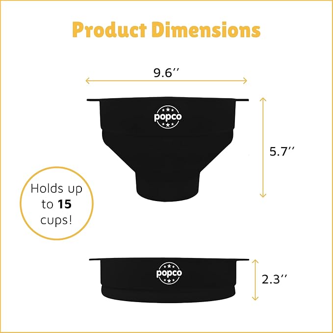 Popco Silicone Popcorn Maker - Microwave Popcorn Popper with Handles - Collapsible Bowl, Heat-Resistant, Easy to Clean, Ideal for Family Movie Nights, 15-Cup Capacity - Black