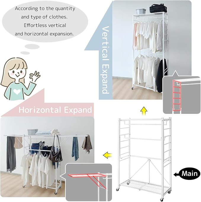 lumizone Folding Clothing Rack with Wheels Expandable Wardrobe Portable Clothes Rack for Hanging Clothes Adjustable Closet Shelves Garment Rack Durable Closet Racks for Hanging Clothes (Pro Black)