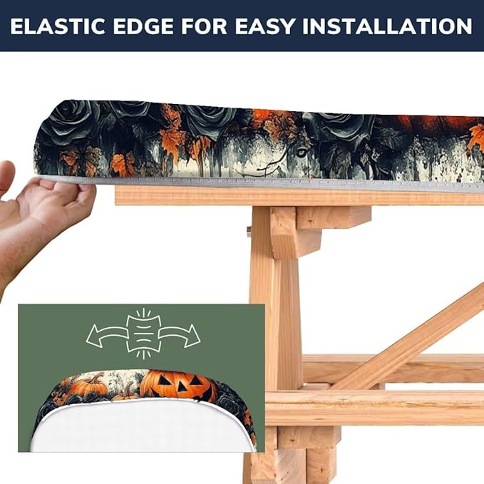 CAPSCEOLL Fitted Picnic Table Cover with Bench Covers with Elastic 8Ft Waterproof Picnic Table Cloths Windproof Outdoor Camping Tablecloth with Drawstring Bag, 96X30in, Halloween Pumpkins