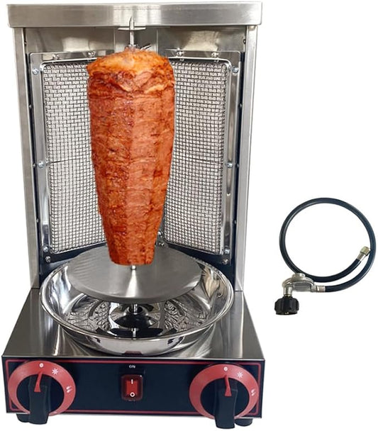 Shawarma Grill Machine LP Gas Gyro Grill Oven Vertical Broiler Rotating Doner Kebab Machine Countertop Rotisserie with 2 Burners for Home Kitchen Adjustable Tempereture