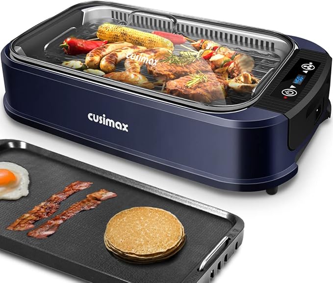 Electric Indoor Grill Griddle, CUSIMAX Smokeless Grill, Portable Korean BBQ with Turbo Smoke Extractor Technology, Non-stick Removable Plate & Griddle Plates
