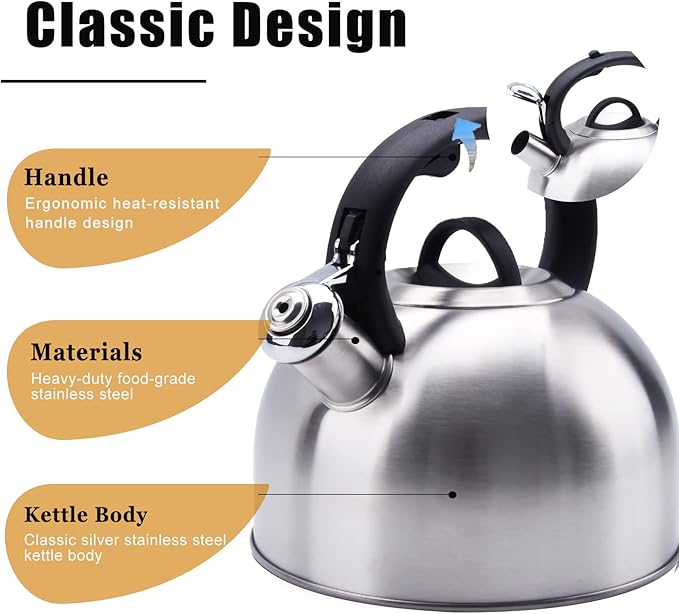 GGC 3L Tea Kettle for Stove Top, Loud Whistling Tea Kettles Water Boiler, Stainless Steel Kettle with Anti-Heat Handle and Simple Touch Button to Control Kettle Outlet