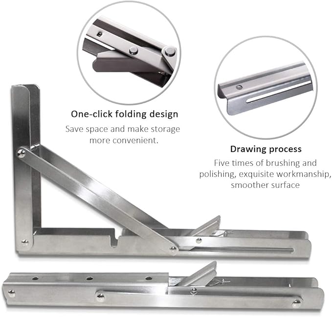 Storystore Folding Shelf Brackets - 16 Inch Heavy Duty Stainless Steel Collapsible Shelf Bracket for Bench Table, Space Saving DIY Bracket, Max Load: 550lb （2 PCS）