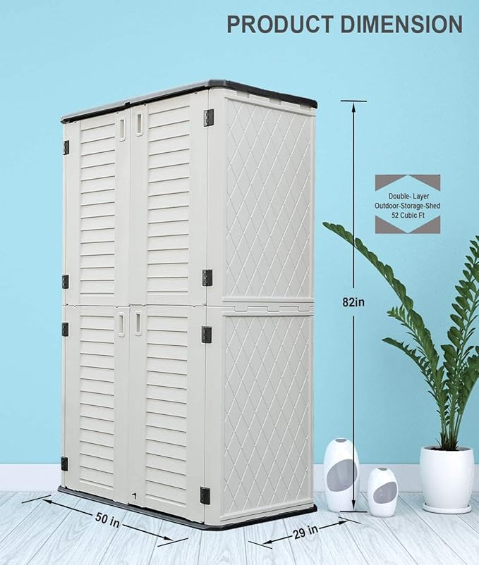 HOMSPARK Storage Shed Weather Resistance, Multi-Purpose Outdoor Storage Cabinet Waterproof, Outdoor Storage Cabinet for Garbage Cans, Lawnmower, Garden Accessories (White, Tall shed-53 cu ft)