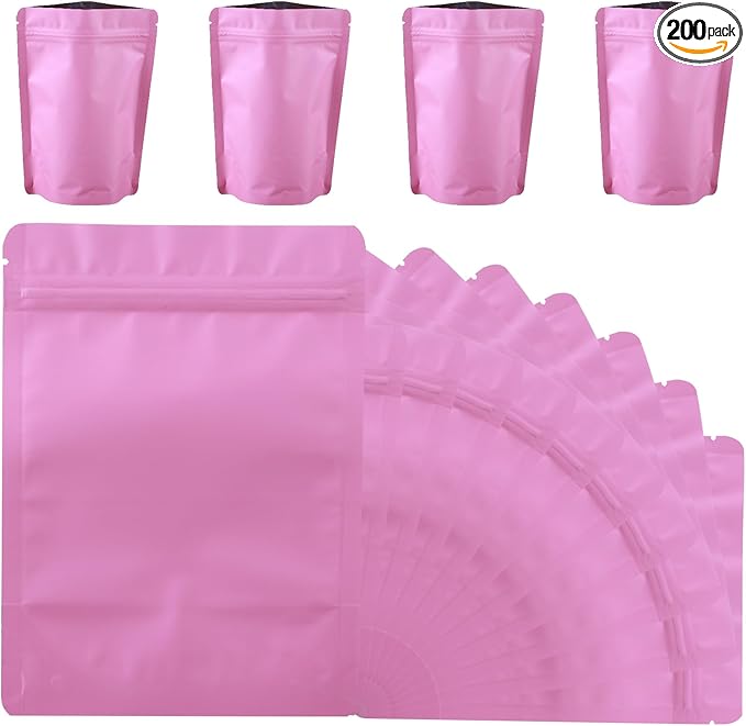 200 Pcs Mylar Bags for Food Storage 5x7 Smell Proof Bag Stand Up, Foil Resealable Bags for Food, Freeze Dried Candy Packaging Sealable Pouch Jewelry Bracelet Pouch for Small Business, Pink