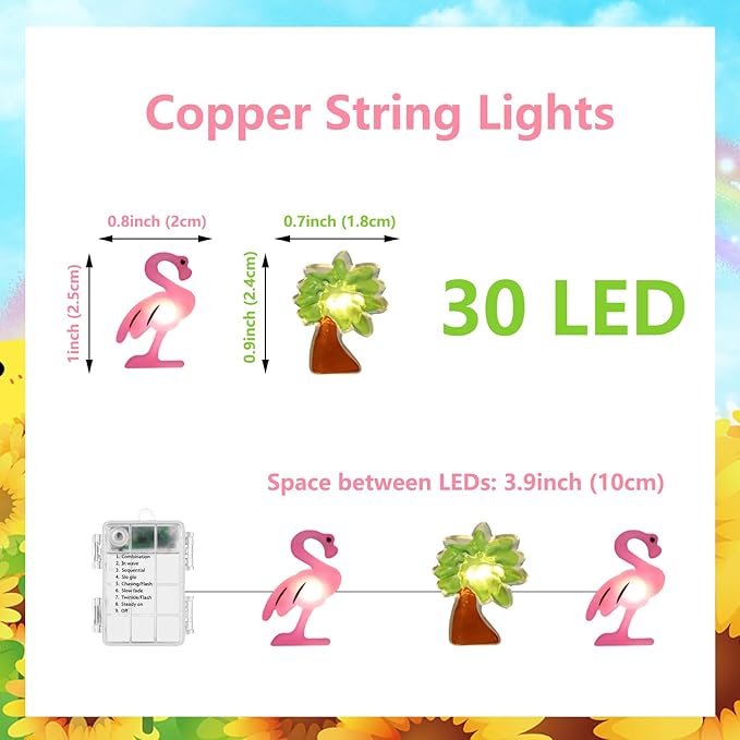 Flamingo&Palm Tree Fairy Lights 30 LED Copper String Lights with Remote Control & Battery Operated Flamingos Lights for Christmas, Summer Tropical Beach Hawaiian Decor