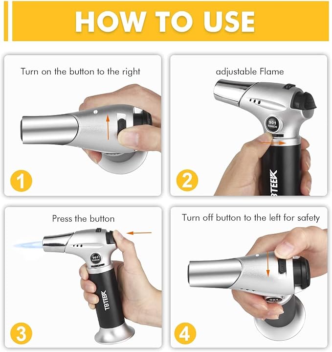 TBTeek Torch Lighter with Butane Included, Kitchen Torch Creme Brulee Torch with 180 ml Butane Fuel Refill, Safety Lock & Adjustable Flame for Cooking, BBQ, Baking, Creme, DIY Soldering (1 Can)