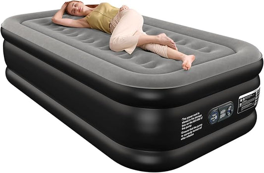 Air Mattress 18", Twin Air Bed with Soft Flocked Top and Portable Carry Bag, Twin Air Mattress with Built in Pump Raised for Guest, Office, Camping (Black)