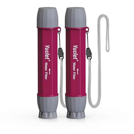 YWF01 Personal Filter Straw for Drinking Survival, Portable Water Purifier Filtration System Survival Gear and Supplies for Camping, Hiking, Travel, and Emergency Preparedness (Plum Red, Pack of 2)
