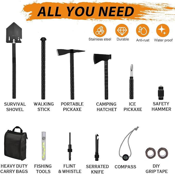 IUNIO Survival Off-Roading Tool Kit, 19 in 1 Folding Shovel, Camping Axe, Multitool, Pickaxe, with Carrying Bag, for Outdoor, Car Emergency (Upgrade Black)