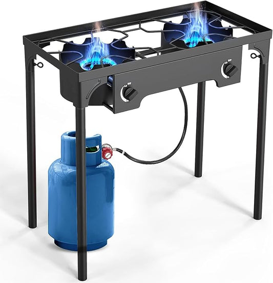 2 Burner Propane Gas Stove | 150,000 BTU High-Pressure Heavy-Duty Camping Stove with Regulator, Detachable Legs | Portable for Outdoor, Backyard, Patio BBQ, Baking, Frying, Brewing, Tailgating